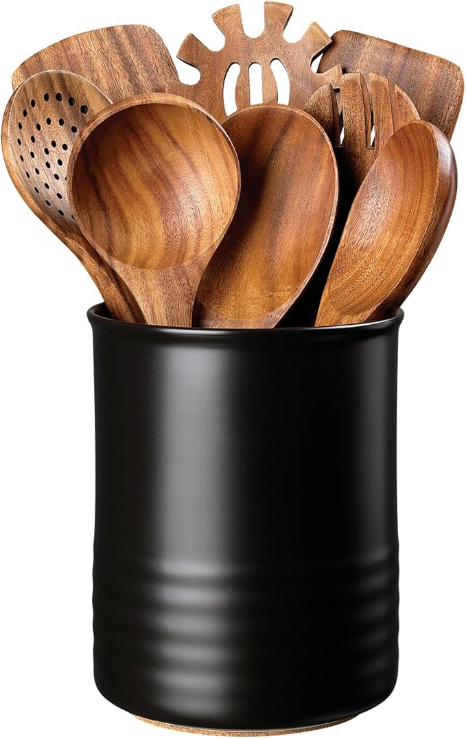 Utensil Holder, 6.7" Ceramic Kitchen Utensil Crock for Countertop Cooking, Modern Utensil Caddy Jar Organizer for Farmhouse Kitchen Counter Décor, Matte Black