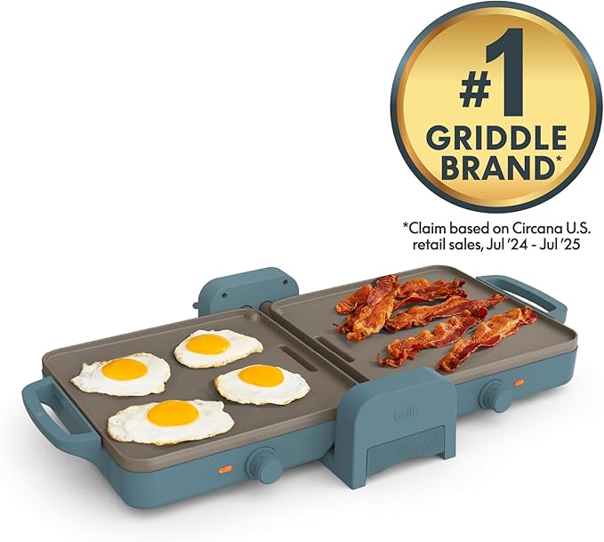 bella 10"x 20" Ceramic Fold-n-Store Dual Temp Griddle, Fits-anywhere™ Kitchenware, EverGood™ Ceramic Nonstick Coating, 2 Temperature Zones up to 400°F, Dishwasher Safe Drip Tray, 1500 Watt, Surf