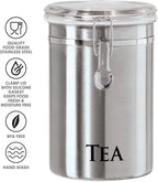 Oggi Stainless Steel Tea Canister 62 fl oz - Airtight Clamp Lid, Clear See-Thru Top - Ideal for Tea Bag, Loose Tea, Kitchen Storage, Pantry Storage. Large Size 5" x 7.5".