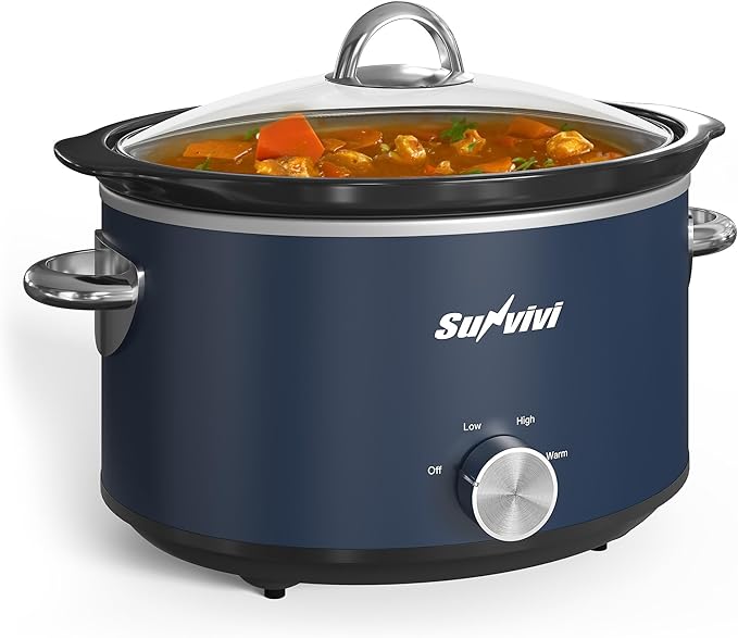 Sunvivi 4 Quart Slow Cooker & Mini Food Warmer with 3 Heating Settings, Removable Ceramic Pot, Dishwasher Safe Glass Lid, Stainless Steel, Blue