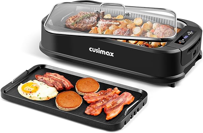 CUSIMAX Indoor Grill, Electric Smokeless Grill, 1500W Korean BBQ Grill, Electric Griddle with LED Smart Display & Tempered Glass Lid, Non-stick Removable Plate & Griddle Plate, Black