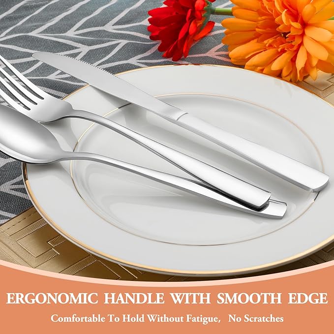 20 Pcs Silverware Set, Stainless Steel Flatware Set for 4, Food-Grade Cutlery Set, Mirror Polished Tableware Eating Utensils Set for Home Kitchen, Include Knife Fork Spoon Set, Dishwasher Safe