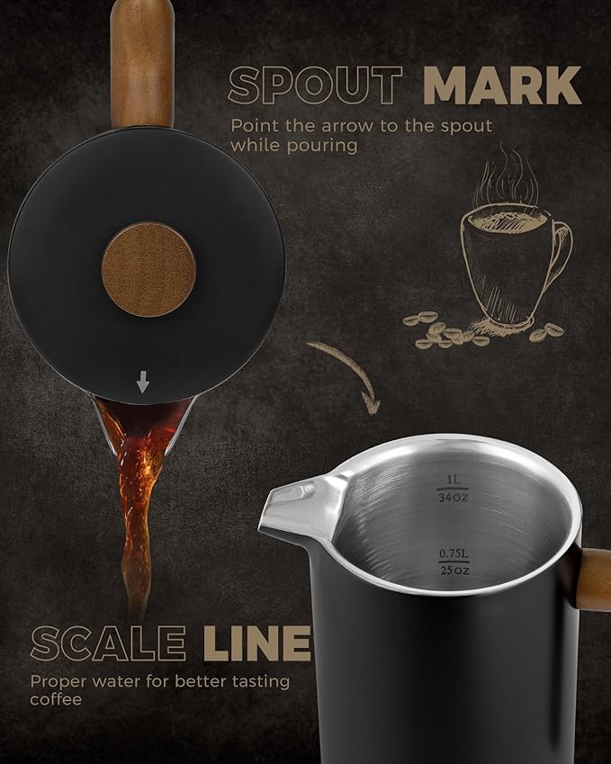 POLIVIAR French Press Coffee Maker, 34 Ounce Coffee Press with Real Wood Handle, Double Wall Insulation & Dual- Filter Screen, Food Grade Stainless Steel for Good Coffee and Tea (Vintage)