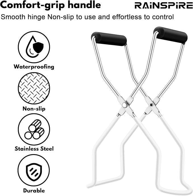 Rainspire Canning Jar Lifter, Canning Tongs Jar Lifter, Canning Tools, Canning Supplies for Home Kitchen, Stainless Steel, White