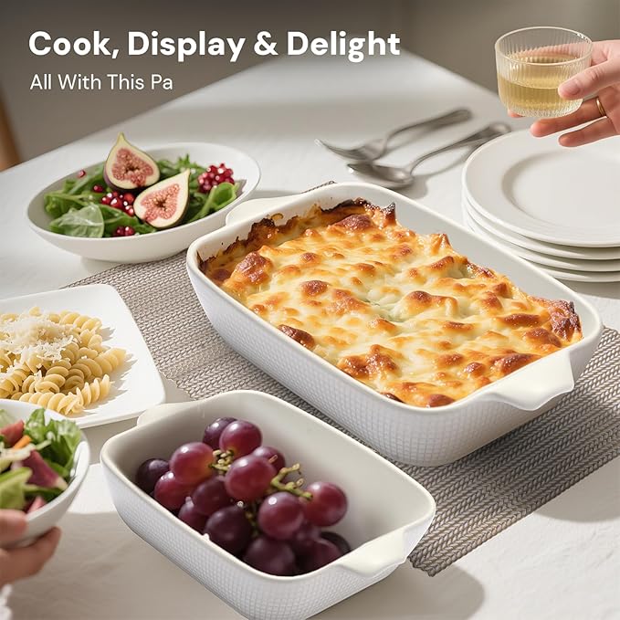 Bakeware Casserole Oven Dishes Baking - 3pcs Ceramic Rectangular Oven Serving Sets,（10.3/12.4/14.7）Stoneware Cookware Pan, Porcelain White Thanksgiving Ware for Cooking Lasagna (Green)