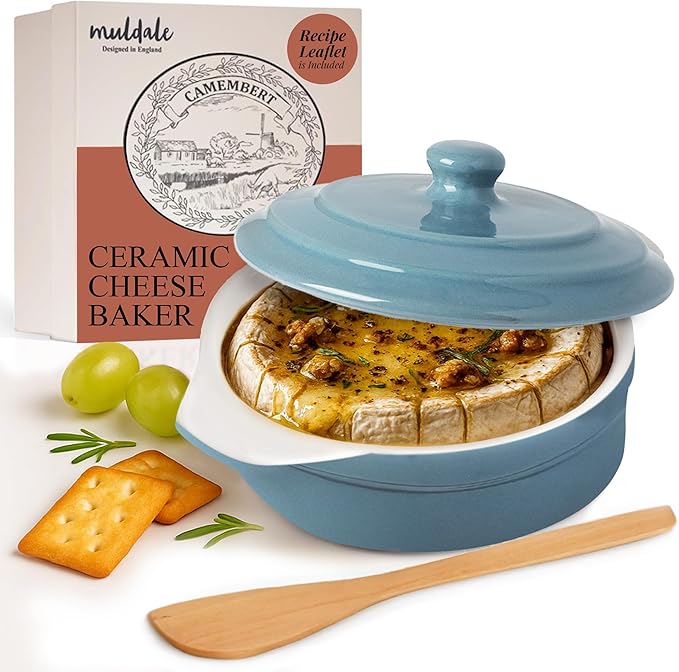Muldale Brie Baker with Lid and Spreader - Camembert Baker Crock in Blue - Free from Lead Ceramic Baking Dish - 5.5” - Fits Standard Camembert Wheel