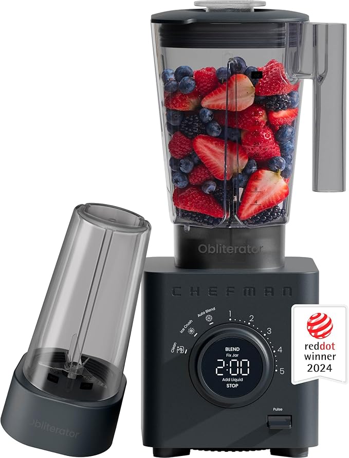 Chefman Obliterator 48 oz Countertop Blender for Smoothies, 1380W Motor to Crush Ice, Nuts, and Frozen Fruit with Stainless Steel Blade, Auto Blend Function, Includes 20 oz Travel Jar - Midnight