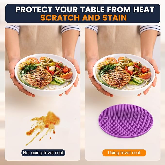 Silicone Trivet Mats 4 Heat Resistant Pot Holders Multipurpose Non-Slip Hot Pads for Kitchen Potholders, Drying mat, Jar Opener, Spoon Holder, Coaster(Violet)