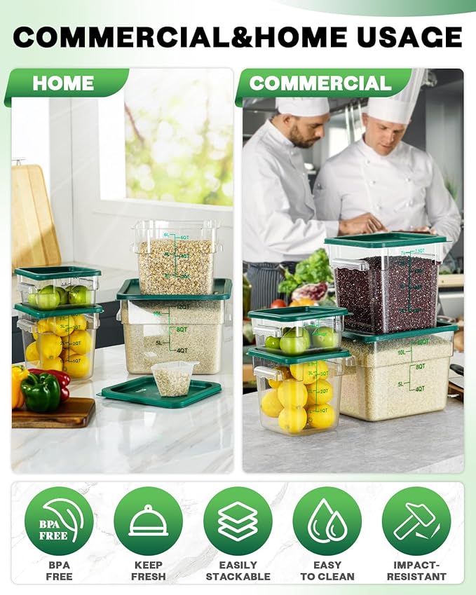 2QT&4QT NSF Food Storage Containers: 8 PCS[Food Grade] [Hot&Cold Resistant] Commercial Clear Square Food Storage Containers with Scales Handles for Home Restaurant Kitchen(BPA FREE)