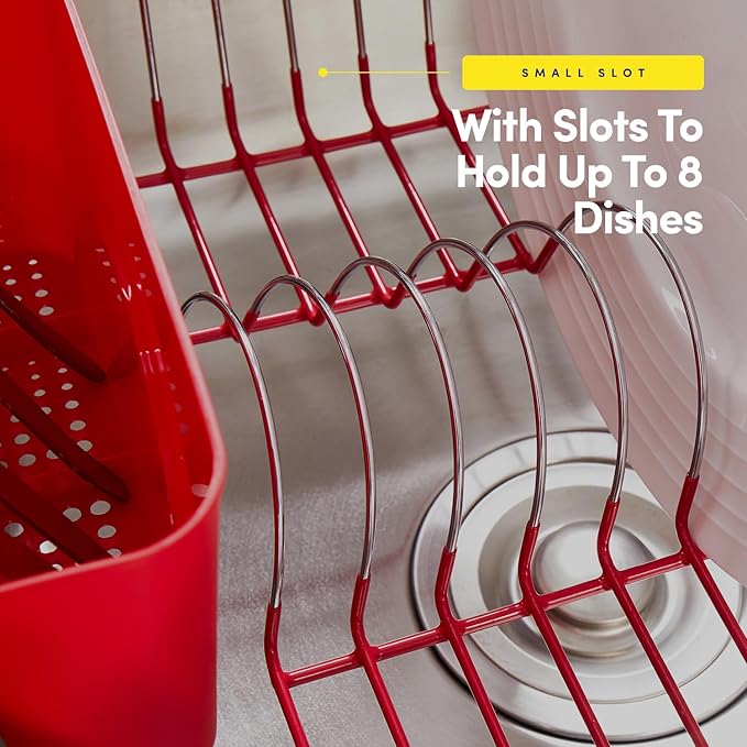 Sweet Home Collection Metal 2 Piece Dish Drying Rack Set Drainer with Utensil Holder Simple Easy to Use Fits in Most Sinks, 14.5" x 13" x 5.25", Red