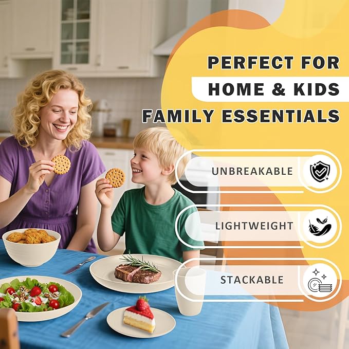 Wheat Straw Dinnerware Sets for 8, 32 PCS Unbreakable Plates and Bowls Sets, Kitchen Dish Set - Dinner Plate/Dessert Plate/Cereal Bowl/Cup, for Outdoor Camping RV Apartment Essentials - Beige