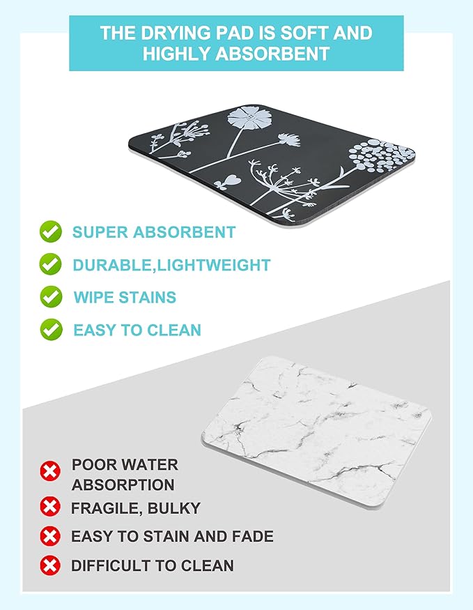 Dish Drying Mat for Kitchen Counter, 16"x24" Dish Drying Pad with Non-slip Rubber Backed, Hide Stain Anti Absorbent for Kitchen Counter, Drying Mat for Coffee Machine Dish Rack (Gray Daisy)