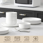MALACASA Plates and Bowls Sets, 24 Pieces Modern Porcelain Dinnerware Set for 8, Ceramic Dishware Dishes White Kitchen Dinner Dining Ware Set, Microwave and Dishwasher Safe, Series LUNA