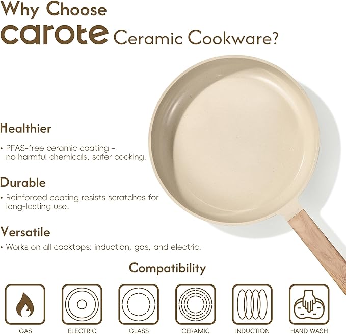 CAROTE 14Pcs Pots and Pans Set Non stick, Ceramic Cookware Set, Non-toxic Kitchen Cooking Set, PFAS and PFOA Free