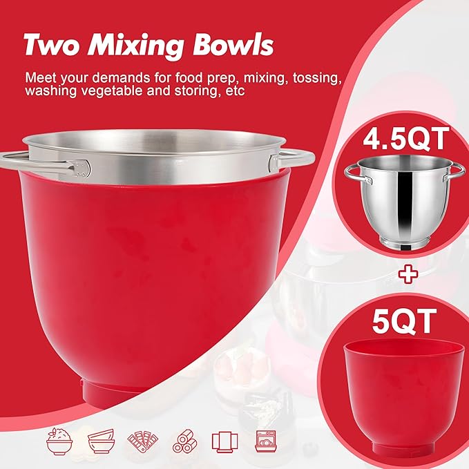 Kitchen in the box Stand Mixer, 4.5QT+5QT Two bowls Electric Food Mixer, 10 Speeds 3-IN-1 Kitchen Mixer for Daily Use with Egg Whisk,Dough Hook,Flat Beater (Matte Red, 5QT)