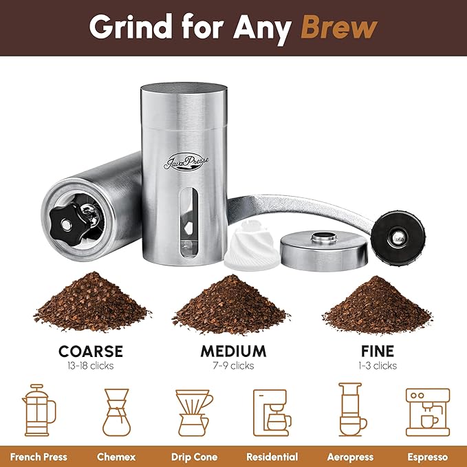 JavaPresse Manual Stainless Steel Coffee Grinder - 18 Adjustable Settings, Portable Conical Burr Grinder for Camping, Travel, Espresso - With Hand Crank