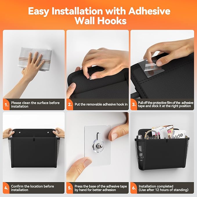 Wall Hanging Storage Organizer, Wall Pocket Hanging Bag with Large Pockets & Sticky Adhesive Tape Wall Mounted Storage Door organizer for RV Camper Kitchen Office Black