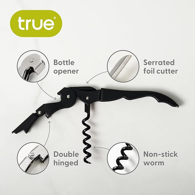 True Truetap Double Hinged Waiter's Corkscrew Wine Opener, Stainless Steel Wine Bottle Opener with Built In Foil Cutter, Home Bar Tools, Bar Cart Accessories, Wedding Gifts, Set of 1, Matte Black