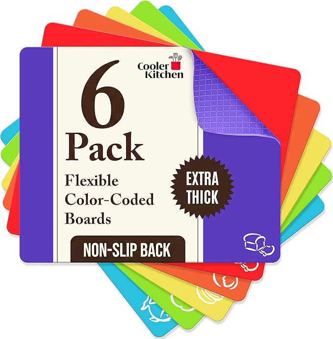 Extra Thick Flexible Plastic Cutting Board Mats Set of 6 for Kitchen, Non-Porous, Non-Slip Waffle Back, Color Coded with Food Icons, Dishwasher Safe, 12 x 15 Inch - Cooler Kitchen