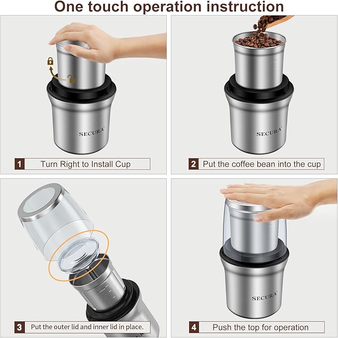 Secura Electric Coffee Grinder and Spice Grinder with 2 Stainless Steel Blades Removable Bowls