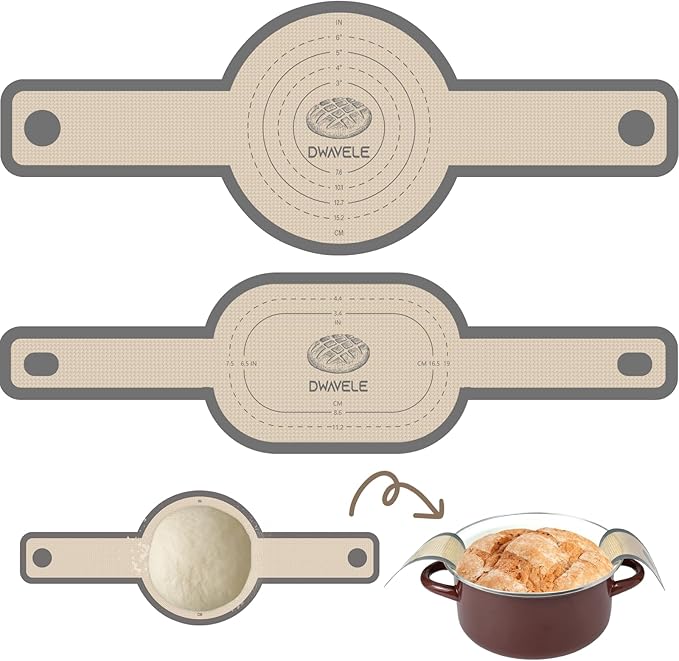 Silicone Bread Sling for Dutch Oven, Non-Stick & Easy to Clean Bread Baking Mat Set, 2 Pcs Reusable Bread Sling with Long Handle to Transfer Sourdough (Gray, Oval and Round)