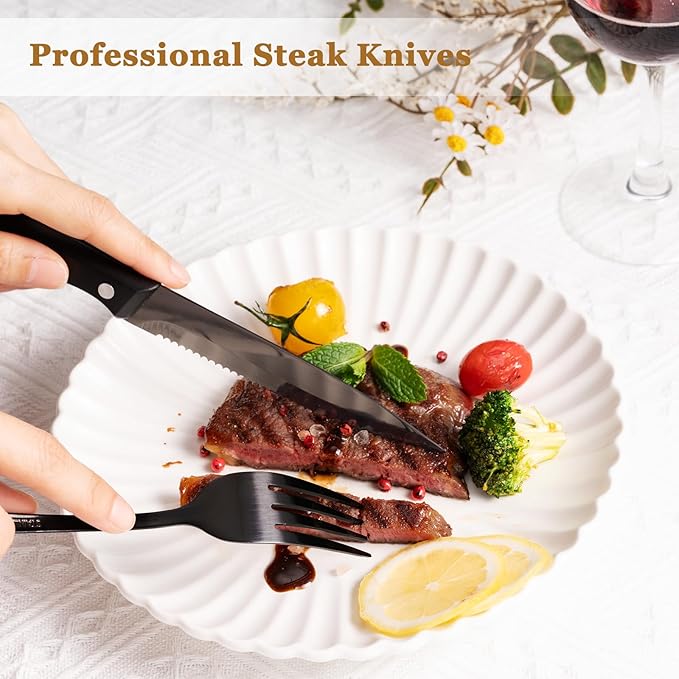Astercook 24-Piece Black Silverware Set with Steak Knives Flatware Set for 4 Food-Grade Stainless Steel Cutlery Set Mirror Polished Utensils Set Include Spoons and Forks for Home Kitchen Restaurant