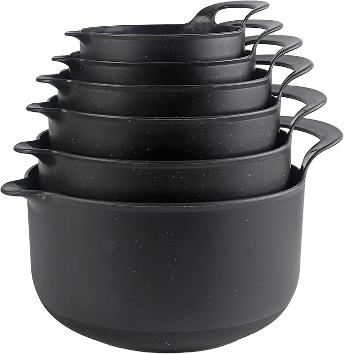 COOK WITH COLOR Nesting Plastic Mixing Bowl Set with Pour Spouts and Handles, Black Speckled, 6 Piece Non-Slip