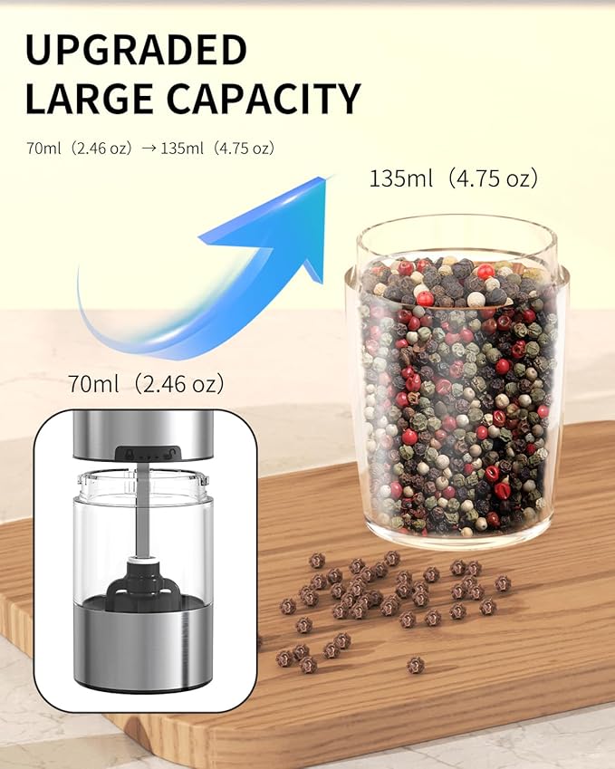 CIRCLE JOY 2-Speed Gravity Electric Pepper Grinder, Rechargeable Salt Grinder Pepper Mills, Adjustable Coarseness, White LED Light, 135ML Large Capacity, Gold