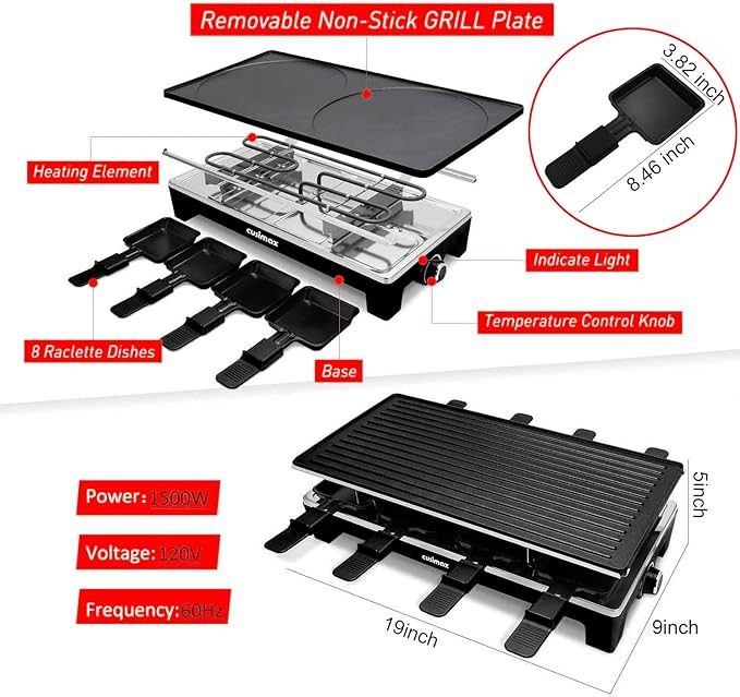 Raclette Table Grill, CUSIMAX Electric Grill, Indoor Grill Korean BBQ Grill With 2 in 1 Reversible Non-stick Plate, Crepe Maker with Adjustable temperature control, 8 Raclette Pans & Wooden Spatulas