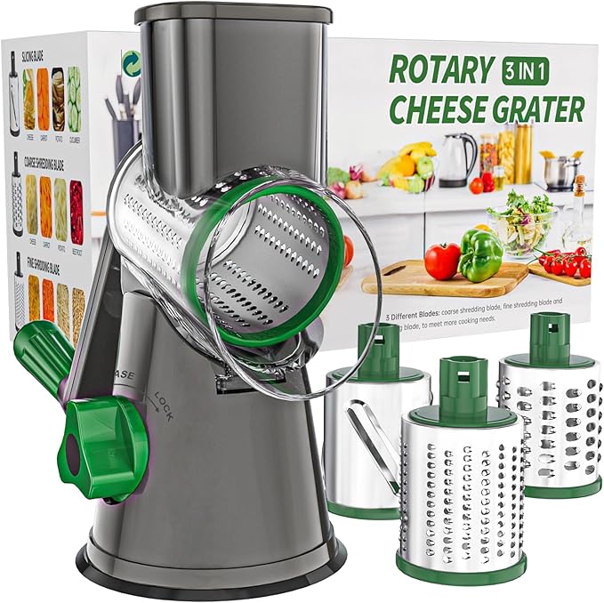 Cambom Rotary Cheese Grater Hand Crank Cheese Shredder for Fresh Cheese, Vegetable, Nuts,Non-slip Suction Base, Free Cleaning Brush Three Blades, Grey and Green