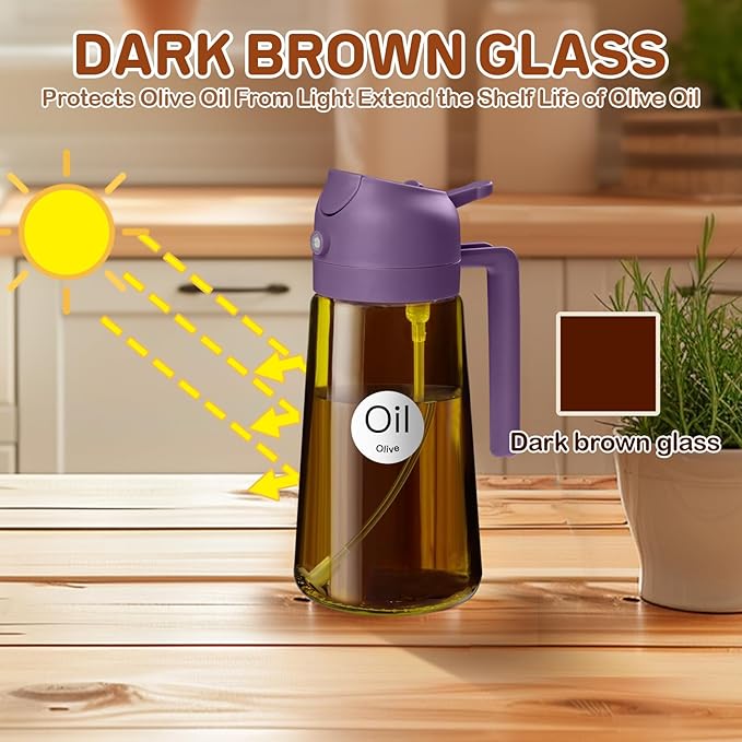 YARRAMATE 2Pcs 16oz/470ml Dark Brown Oil Sprayer for Cooking with Stickers, Food-grade Premium 2 in 1 Olive Oil Dispenser Bottle for Kitchen Gadgets, Air Fryer, Salad, Frying, BBQ (Black&Purple)