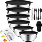 20-Piece Mixing Bowls Set with Airtight Lids – 6 Stainless Steel Kitchen Bowls (4.5QT, 4QT, 3.5QT, 2.1QT, 1.5QT, 1.1QT), 3 Grater Attachments, Non-Slip Silicone Bottoms, Perfect for Baking & Serving