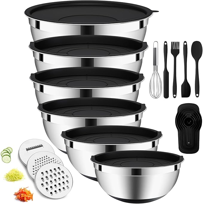 20-Piece Mixing Bowls Set with Airtight Lids – 6 Stainless Steel Kitchen Bowls (4.5QT, 4QT, 3.5QT, 2.1QT, 1.5QT, 1.1QT), 3 Grater Attachments, Non-Slip Silicone Bottoms, Perfect for Baking & Serving