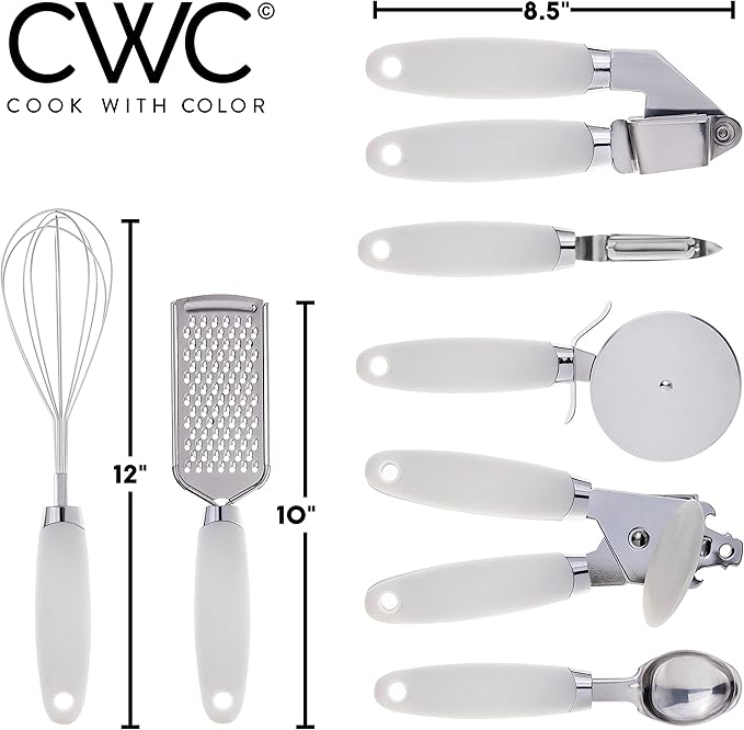 COOK WITH COLOR Kitchen Gadget Set Stainless Steel Utensils with Soft Touch Handles, 7 Pieces, Stainless Steel White