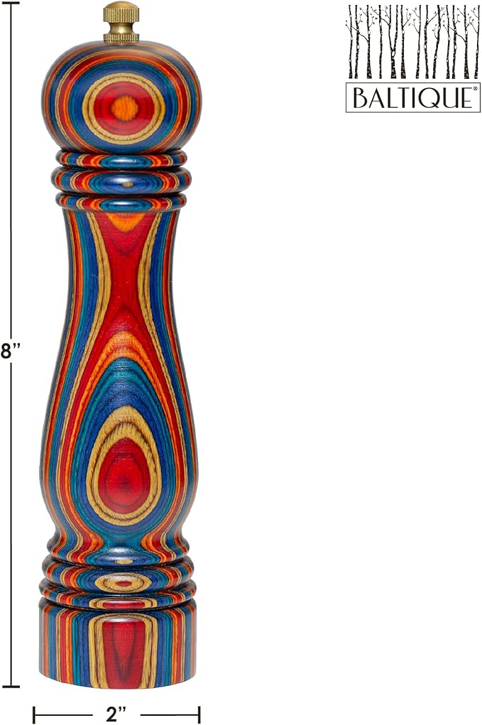 Baltique Montego Bay Pepper Grinder – 8 Inch Colorful Wooden Pepper Mill with Adjustable Stainless Steel Grinding Mechanism – Manual Wood Pepper Grinder for Kitchen or Table Use