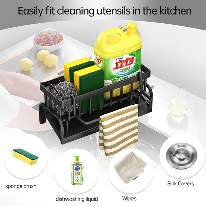 Sponge Holder for Kitchen Sink Sponge Holder,Sponge Caddy for Kitchen Sink Organizer with Auto Drain Tray (Carbon Steel)
