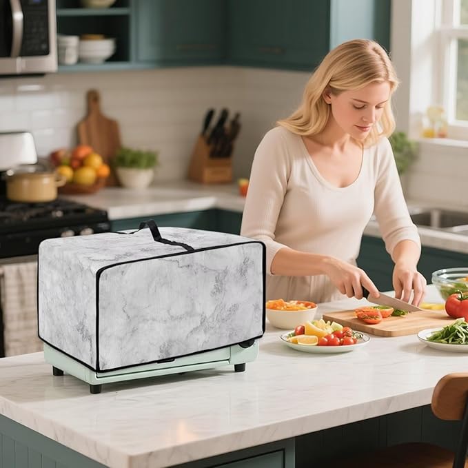 Marble Print Toaster Oven Protective Cover for Kitchen Counter, Heat-resistant Dust-proof Microwave Oven Air Fryer Cover with Storage Pockets (Medium-16.1 * 19.71 * 10 inches)
