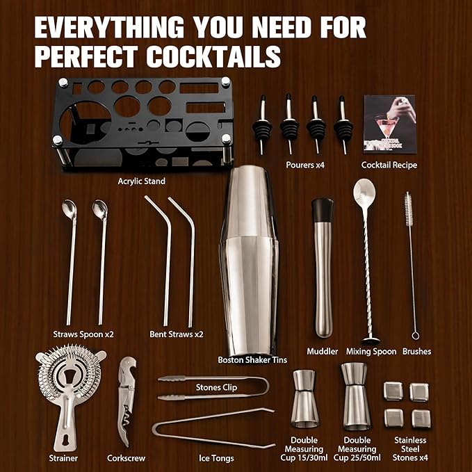 Cocktail Shaker Set, 23-Piece Boston Stainless Steel Bartender Kit with Acrylic Stand & Cocktail Recipes Booklet, Professional Bar Tools for Drink Mixing, Home, Bar, Party (Include 4 Whiskey Stones)