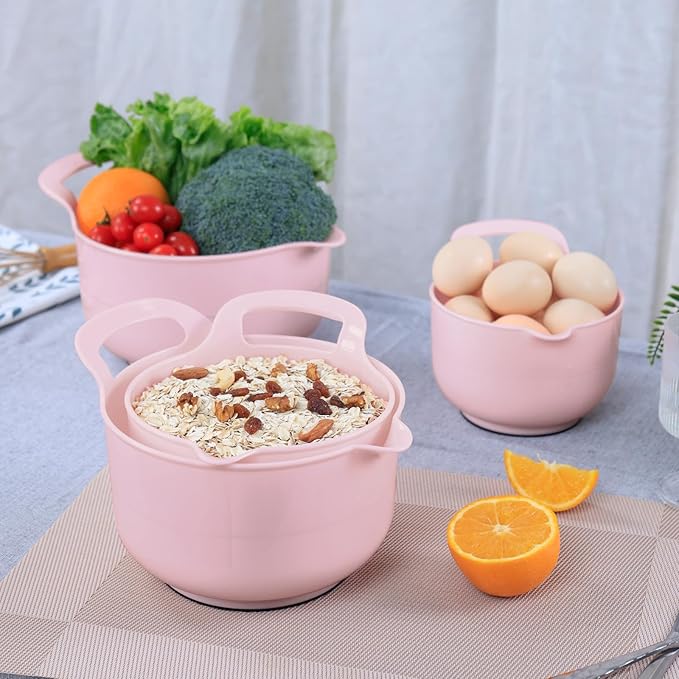 BoxedHome 4 Pack Nesting Mixing Bowl with Pour Spout and Handle, BPA free Microwave & Dishwasher Safe(Pink, 4 Pack with Handle)