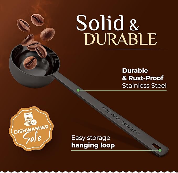 Orblue Premium Coffee Scoop Set - 1 Tbsp (15ml) & 2 Tbsp (30ml) Measuring Tablespoon - Stainless Steel Coffee Measuring Spoon and Scooper with Long Handles - Pack of 2 Black