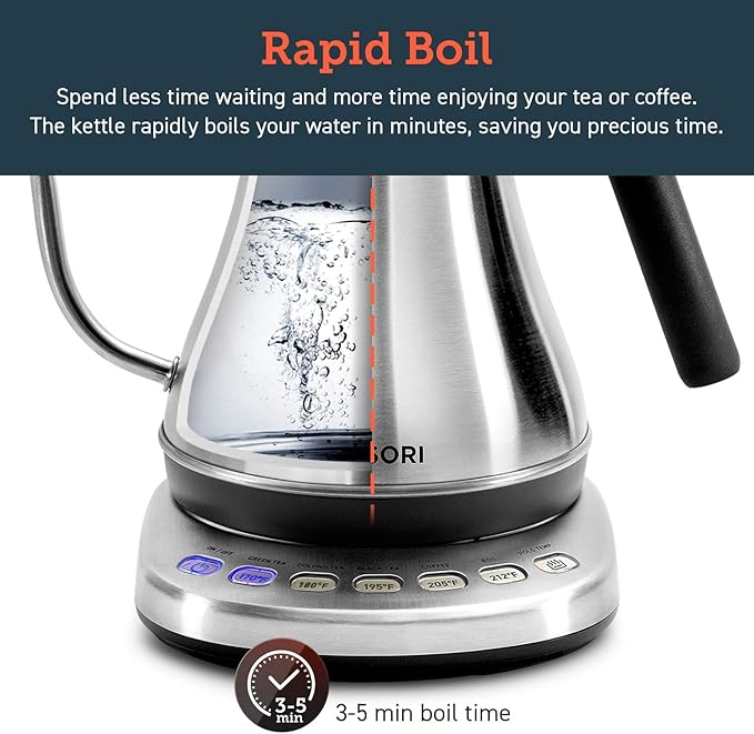 COSORI Gooseneck Electric Kettle with 5 Variable Presets, Pour Over & Coffee maker, 100% Stainless Steel Inner Lid & Bottom, 1200 Watt Quick Heating, 0.8L, Silver