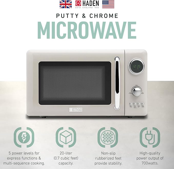 Haden 700 Watt 0.7 Cubic Foot Microwave Oven with Digital Controls, Defrost, and Instant Start Countertop Small Appliance, Putty/Chrome