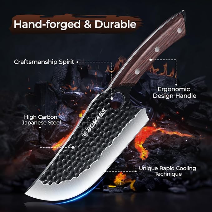 Meat Cleaver Butcher Knife Set of 15PCS, Hand Forged Knives Set for Kitchen, High Carbon Japanese Knife Set with bag & 6 Accessories, Boning Knife for Meat Cutting, Outdoor Cooking BBQ Camping Gift