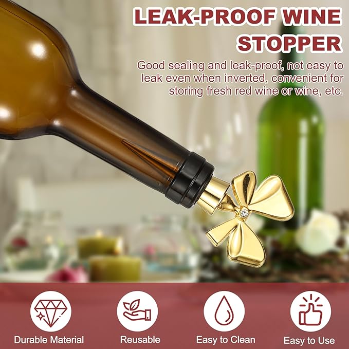 uxcell 2 Pcs Bow Wine Stopper, Reusable Wine Stoppers Airtight Leak-proof Bottle Plugs Liquor Saver Beer Beverage Glass Bottles Stopper for Bar Holiday Party Home Decor, Gold