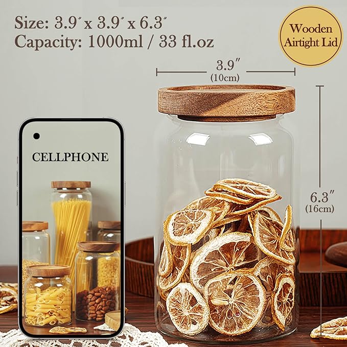Labina Glass Storage Container Airtight Food Jars Kitchen Canister with Wood Lids, 33 Oz Wide Mouth Pantry Organization Glass Jar for Flour, Sugar, Cookie, Spagetti, Nuts and Candy