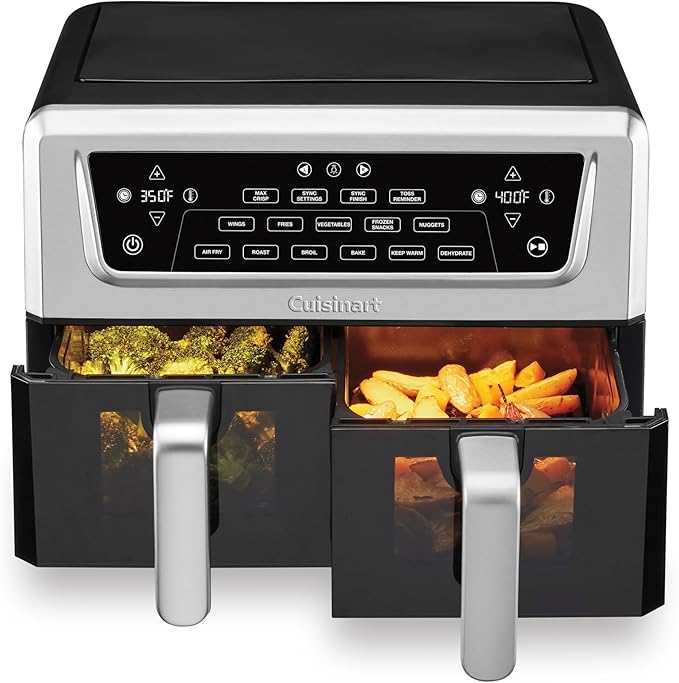 Cuisinart Dual Basket Air Fryer, Two Baskets 11 Qt in Total, 6 Functions: Air Fry, Roast, Bake, Broil, Dehydrate & Keep Warm, Features Sync Finish & Sync Settings, Toss Reminder & Auto-Pause, ADZ-112