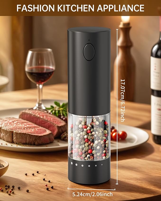CIRCLE JOY Rechargeable Electric Pepper Grinder, Salt Grinder Pepper Mill with Washable 95ml Container, White LED Light and External Adjustable Coarseness, Black