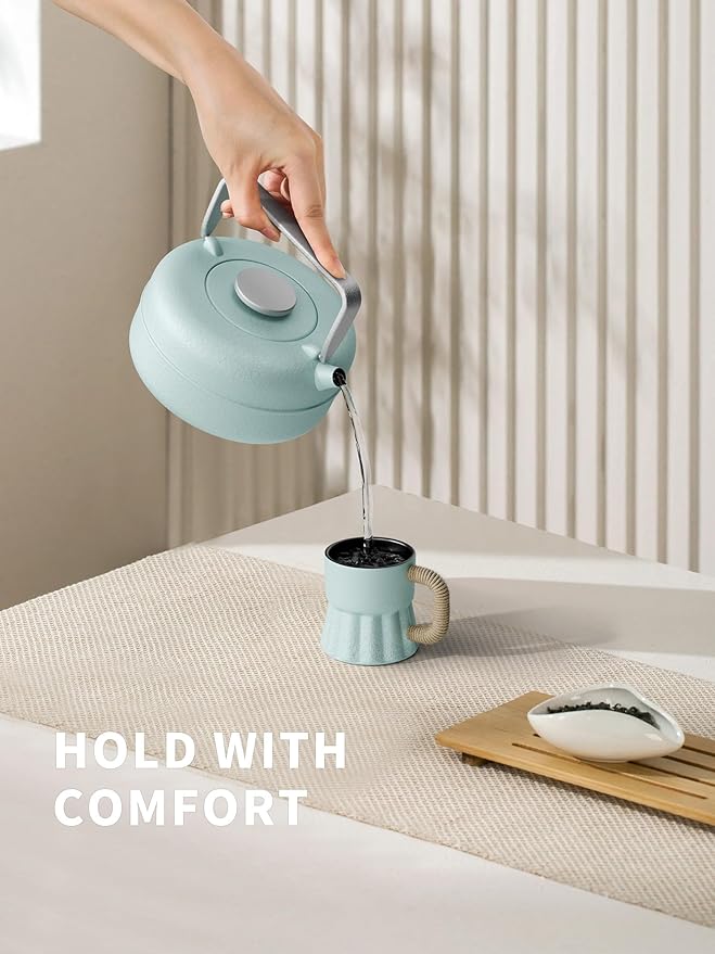 Toptier Teapot with Removable Infuser, Cast Iron Tea Kettle Stovetop Safe, Solid Geometry Cylinder Design Tea Pot Coated with Enameled Interior for 27 Ounce (800 ml), Babyblue