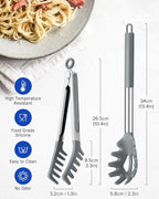 Spaghetti Spoon and Pasta Tong, Non-stick Silicone Spoon Server Fork With Teeth and Stainless Steel Handle, Food Clip for Noodles (Grey)