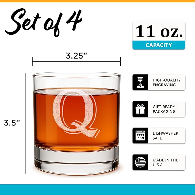 Monogrammed Gifts for Men - 4PC 11 Oz Custom Whiskey Glasses (Q-Monogram) - Engraved Whiskey Glasses - Personalized Whiskey Glasses - Unique Bourbon Glasses - Personalized Glass Gifts for Dad